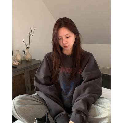 色美式复古印花加绒卫衣女秋冬新款宽松慵懒风套头上衣